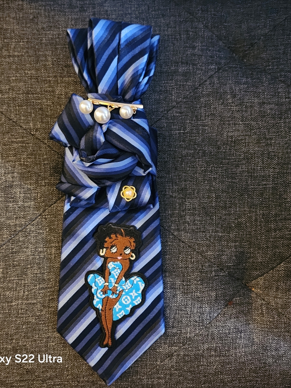 Women's Blue Striped Neck Tie with Pearl Charm and Betty Boop Patch